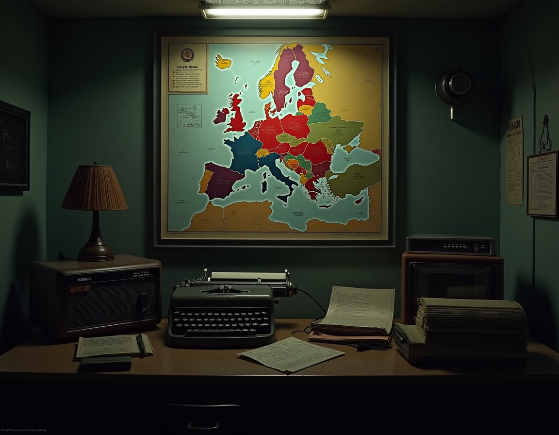 Bunker with radios, divided Europe map, typewriter