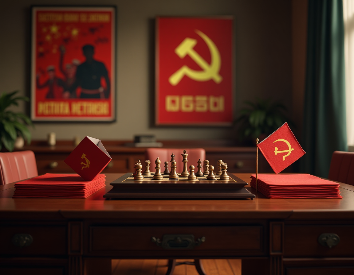 Soviet embassy room with red folders and chessboard