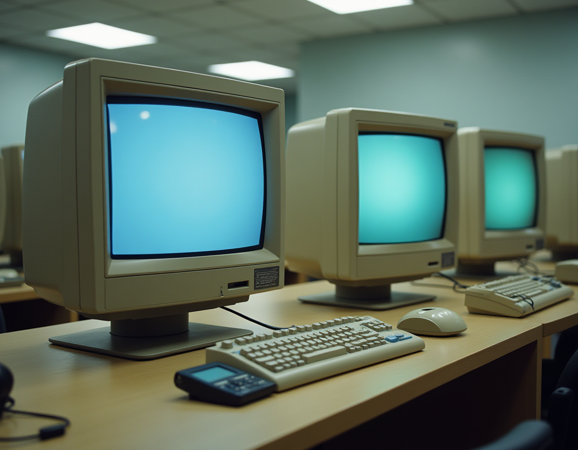 Early 90s computer lab with floppy disks and phones