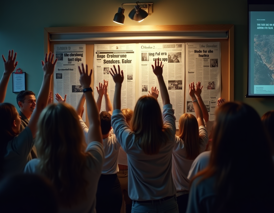 Crowds celebrating and headlines declaring the code broken