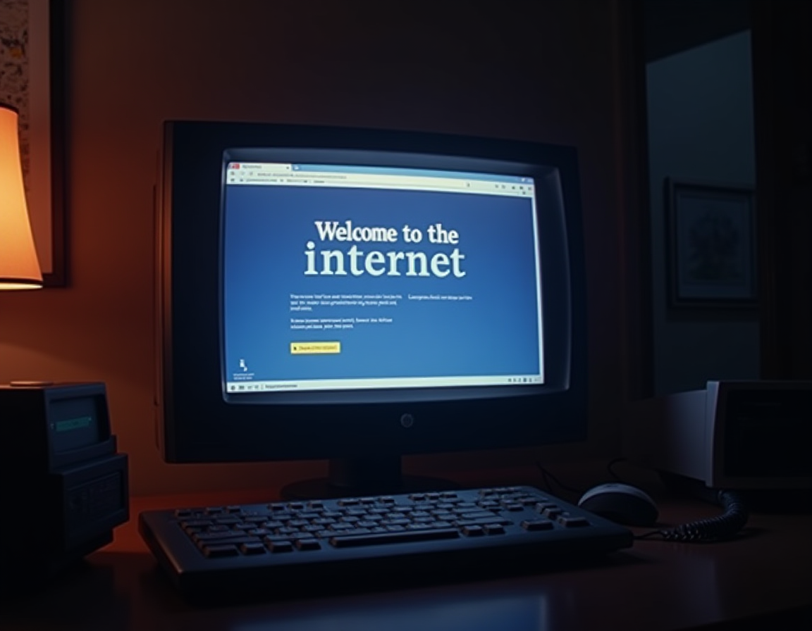 Early web browser home screen and dial-up modem
